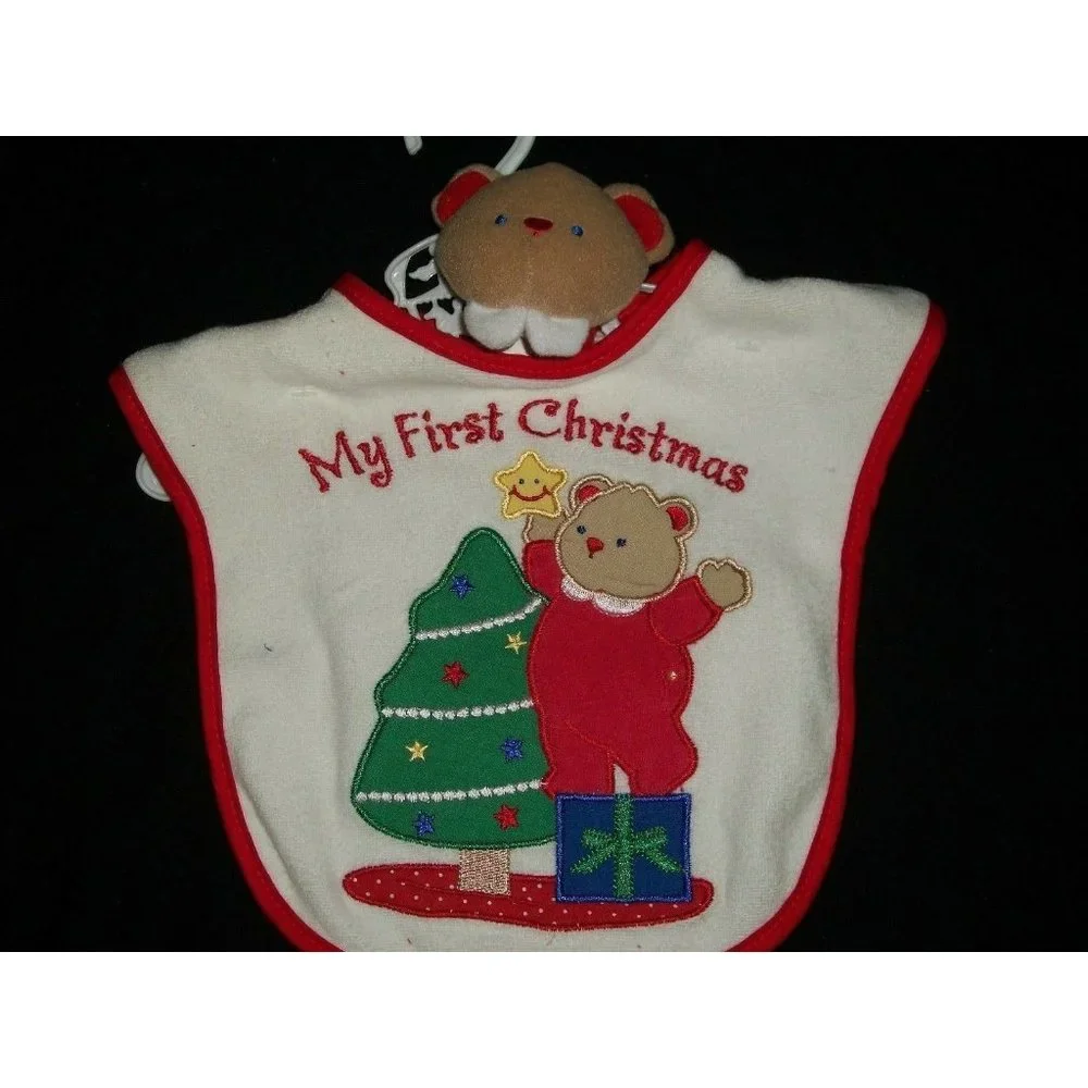 My First Christmas Baby Bib and Bear Rattle Tree White Red Terrycloth